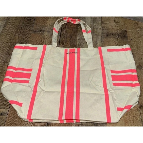 Victoria's Secret XL Large Canvas Carryall Beach Tote Neon Pink Stripe Weekender - Picture 1 of 1